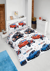 Set lenjerie de pat, DemoHome DEPPO, single simplu din 100% bumbac ranforce cu model de CLASSIC CARS, ALB acasa - cearcaf plic, cearceaf pat, fata de perna